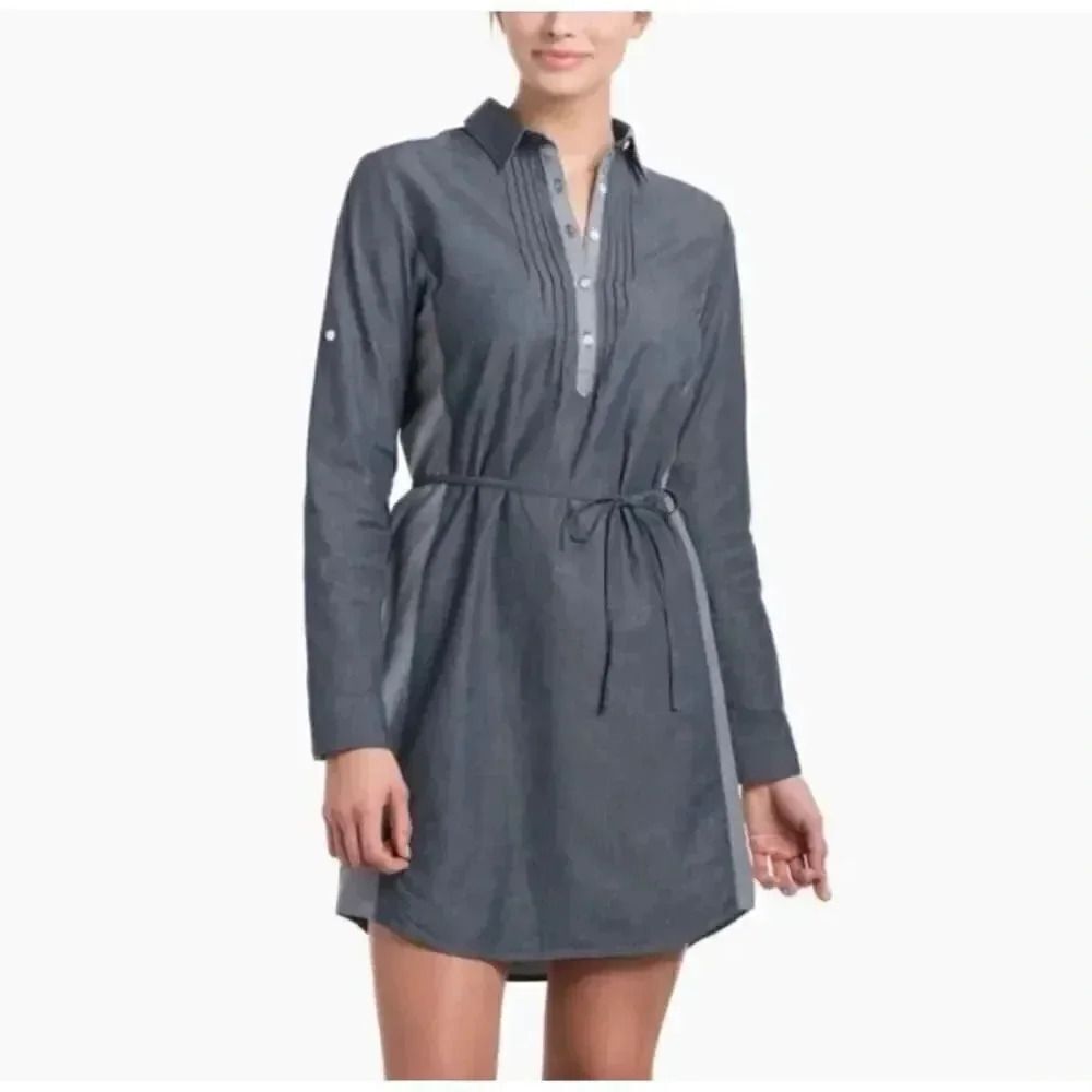 Kuhl Kiley Vintage Indigo Sail Blue Chambray Denim Tie Waist Dress SZ S #1848